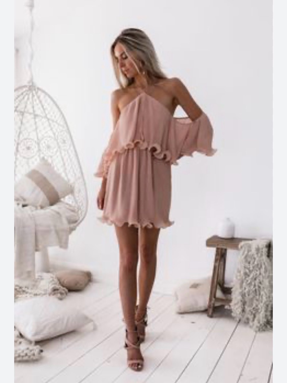 Two Sisters pleated halter mini dress with an off-the-shoulder  Salmon Pink 12